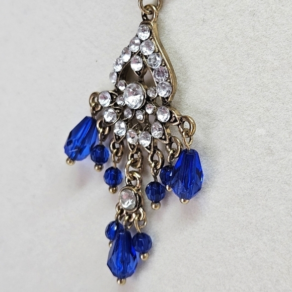 VINTAGE Victorian Revival Rhinestone and Blue Pendant Gold-Tone Necklace - Picture 2 of 6